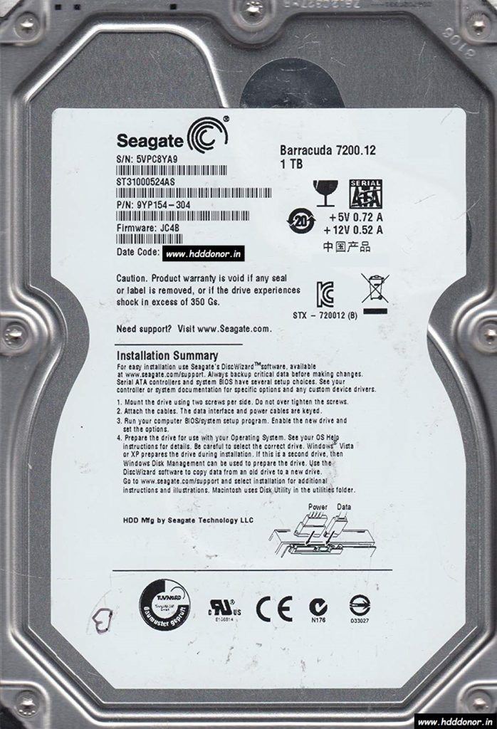 Seagate ST31000524AS, 9YP154-304, FW: JC4B, 100536501 REV B, 1TB SATA 3 ...