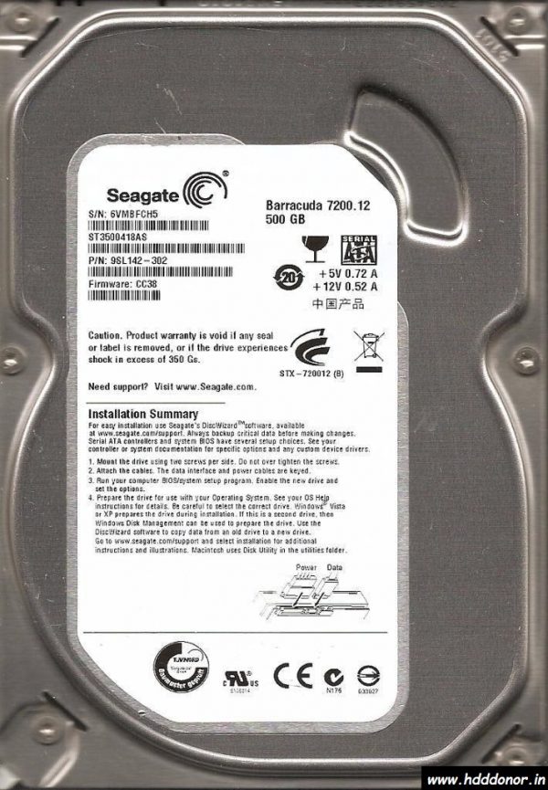 ST3500418AS, 9SL142-302, FW: CC38, 100535704 REV B, Seagate 500 GB SATA 3.5″ Donor Hard Drive