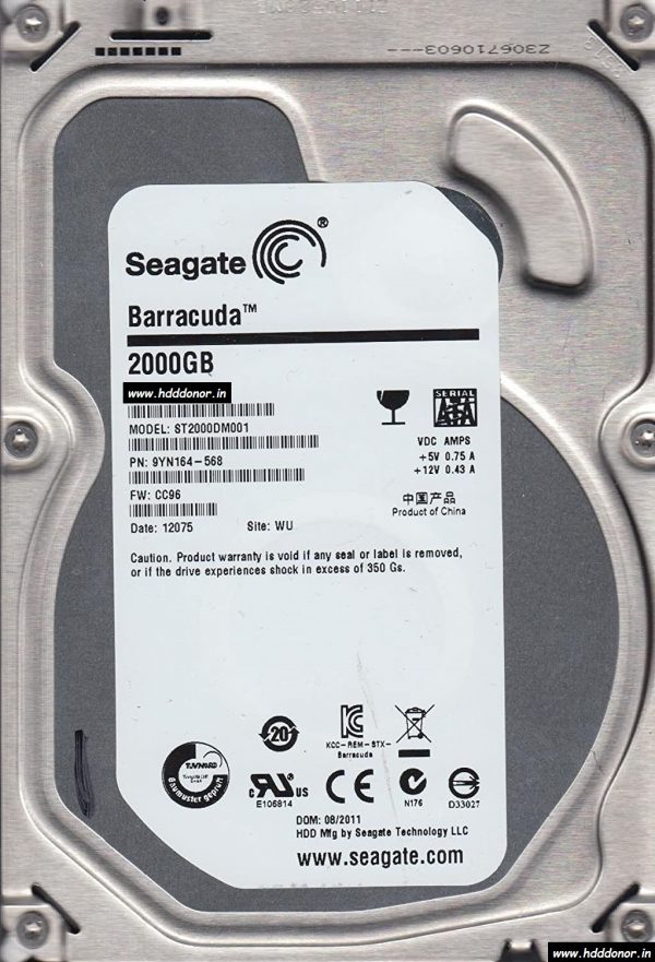 Seagate ST2000DM001, 9YN164-568, FW: CC96, 100645422 REV A, 2TB SATA 3.5″ Donor Hard Drive