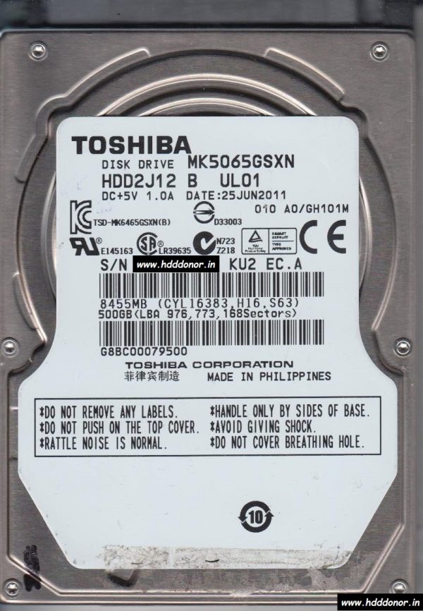 MK5065GSXN, HDD2J12, B UL01 B, GH101M, G002706A, Toshiba 500 GB SATA 2.5″ Donor Hard Disk Drive