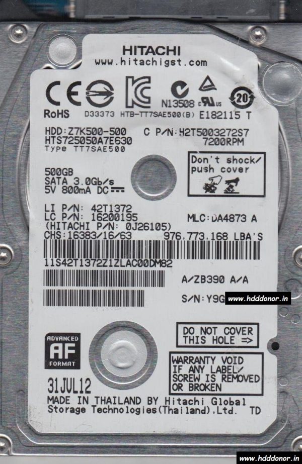 HTS725050A7E630, 0J26105, DA4873, 220 0A90351 01, Hitachi HGST 500 GB SATA 2.5″ Donor Hard Disk Drive