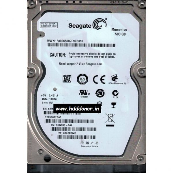 ST9500320AS, 9RN133-567, FW: 0002BSM2, 100603256 REV A, Seagate 500 GB SATA 2.5″ Donor Hard Disk Drive