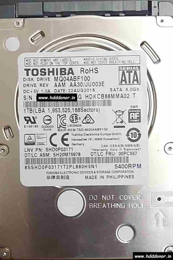 MQ04ABF100, AAM AA30 / JU003E, HDKCB88MMA02 T, G4311A, Toshiba 1TB SATA 2.5″ Donor Hard Disk Drive