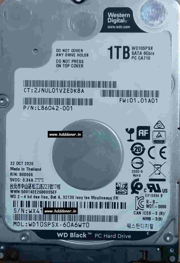 WD10SPSX-60A6WT0, L86042-001, 01.01A04, 2060-800066-006 REV P1, Western Digital 1 TB SATA 2.5″ Donor Hard Disk Drive