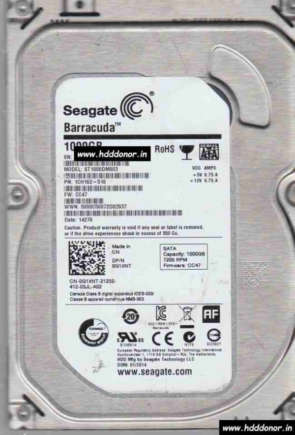 ST1000DM003, 1CH162-510, FW: CC47, 0G1XNT, 100687658 REV B, Seagate 1 TB SATA 3.5″ Donor Hard Disk Drive