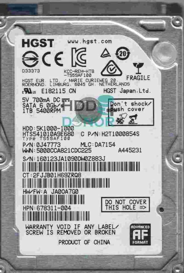 HTS541010A9E680, PN 0J47773, MLC DA7154, 022 0A90351 01, HGST Hitachi 1TB SATA 2.5″ Donor Hard Drive