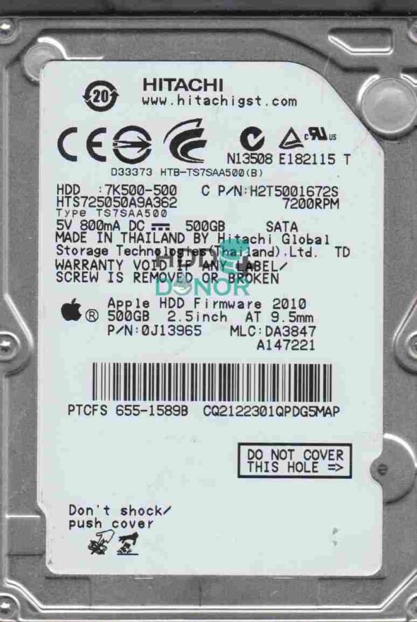 HTS725050A9A362, 0J13965, DA3847, 220 0A90161 01, Hitachi HGST 500 GB SATA 2.5″ Donor Hard Disk Drive