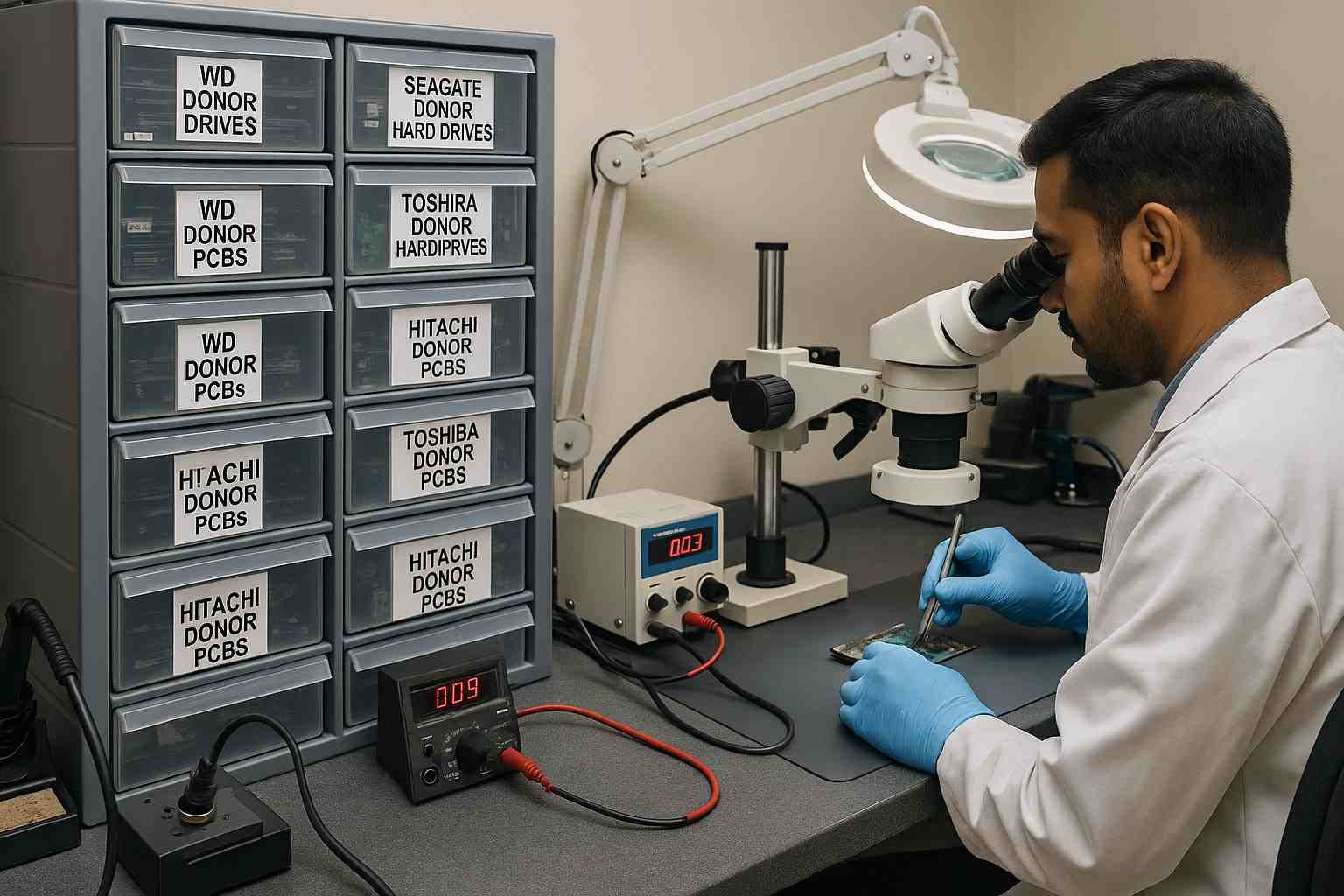 donor pcb matching firmware head crash no spin not powering up cleanroom lab microscope soldering station multimeter hot air rework tools seagate wd toshiba hitachi hdd donor www.hdddonor.in