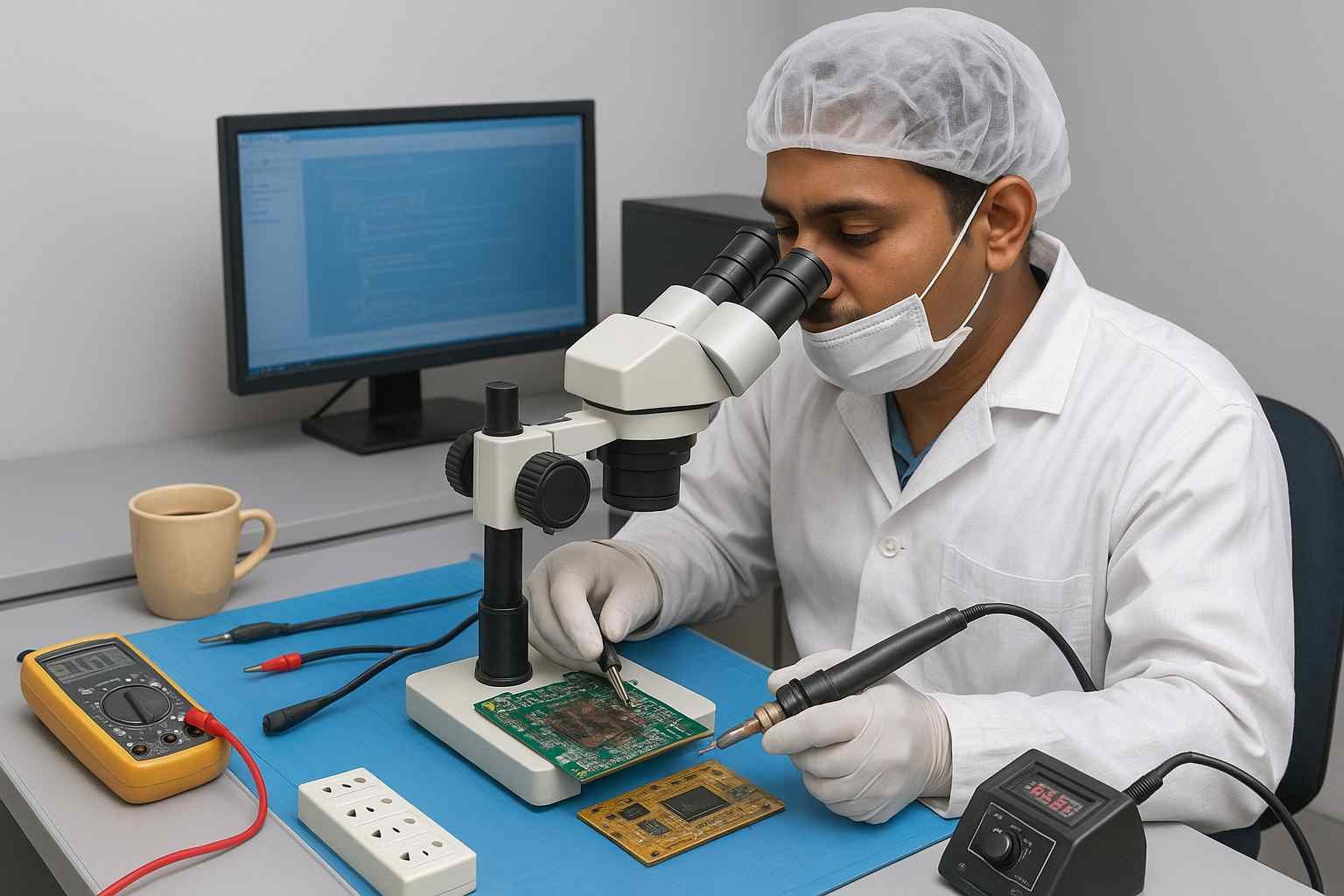 pcb repair technician expert soldering pcb board microscope electronics testing circuit board troubleshooting hardware diagnostics www.hdddonor.in